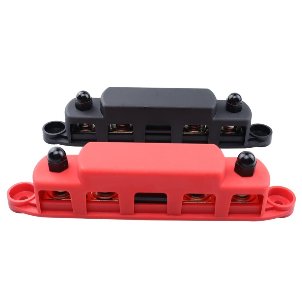 CP-4125 1 Pair RV Yacht M8 Single Row 4-way Power Distribution Block Busbar with Cover with 300A Fuse(Black + Red)