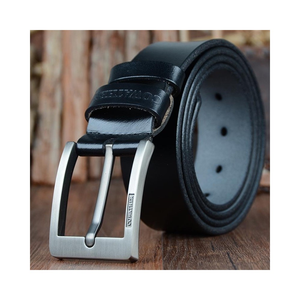 COWATHER XF004 Men Two-Layer Cowhide Business Casual Pin Buckle Belt, Length (cm): 100cm(Silver Buckle Black)