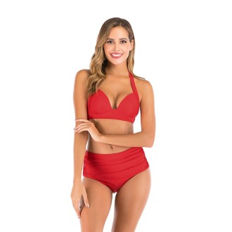 Lace-Up Halter Backless High-Waisted Swimsuit Split Printed Bikini Swimsuit, Size: M(Red)