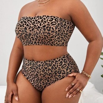 Plus-size Sexy Leopard Print High Waist Two Piece Bikini Swimsuit, Size:XXXXL(Brown)