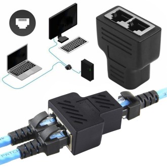 Crystal Network Straight Through Head-line Connector Terminal Female to Female Three Head RJ45 Interface Extension Device(Black)