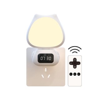 Cat Rotatable Remote Control Night Light with Time Display, CN Plug(Warm Light)