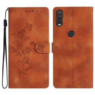 For Motorola One Action Flower Butterfly Embossing Pattern Leather Phone Case(Brown)