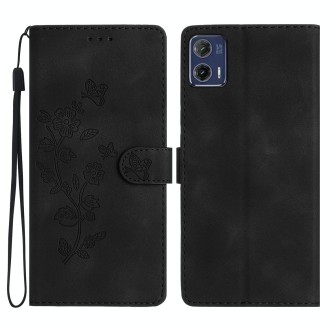 For Motorola Moto G73 Flower Butterfly Embossing Pattern Leather Phone Case(Black)