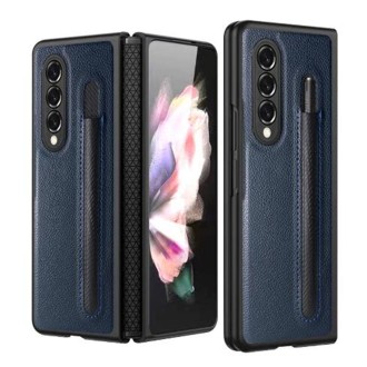 For Samsung Galaxy Z Fold4 Litchi Texture Hinge Protection Folding Phone Case(Blue)