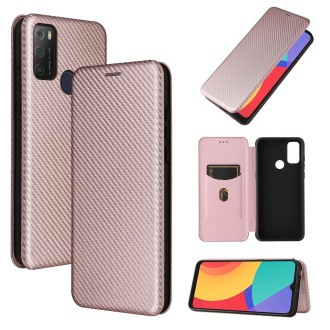 For alcatel 1S (2021) Carbon Fiber Texture Horizontal Flip TPU + PC + PU Leather Case with Card Slot(Pink)