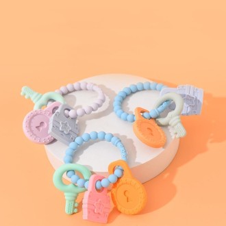 Infant Baby Teether Comfort Anti-eating Hand Bracelet Key Shape Molar Silicone Toy(Light Blue)