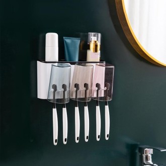 Bathroom Wall-mounted Punch-free Wash Cup Toothbrush Rack Squeeze Toothpaste Set Three Black(No Squeezer)