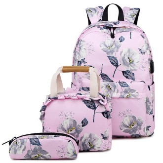 1909-1 3 PCS/Set Printed Backpack Small Fresh Student School Bag Computer Bag Lunch Backpack(Pink)