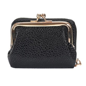 Lychee Pattern Coin Purse Card Clip Ladies Short Metal Clip Buckle Wallet(Black)