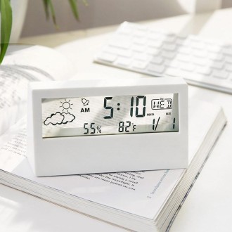 LCD Electronic Desk Clock Digital Display Multifunctional Temperature And Humidity Meter Alarm Clock, Model: Transparent White