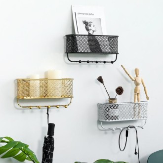 CK0457 Wrought Iron Wall Rack Clothes Key Hook Clothes Storage Wall Hanging Basket, Color: White