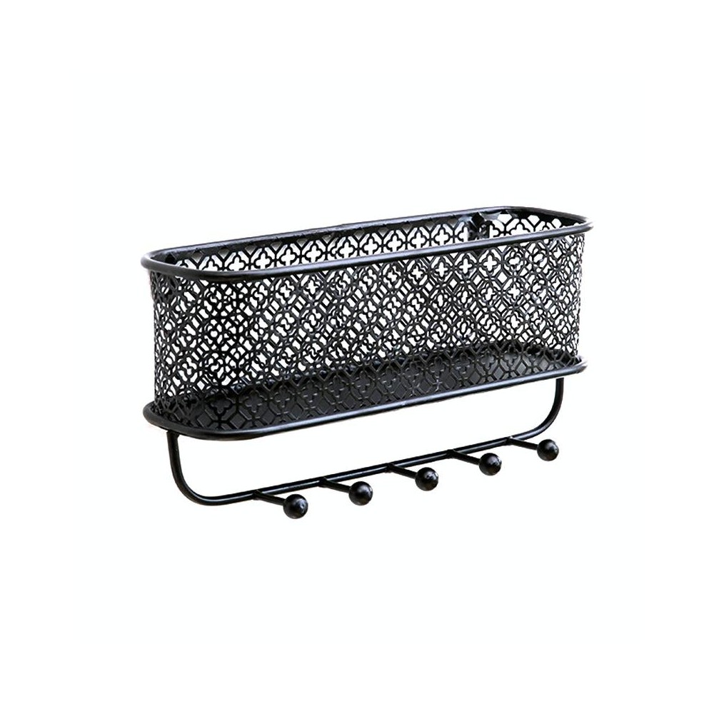 CK0457 Wrought Iron Wall Rack Clothes Key Hook Clothes Storage Wall Hanging Basket, Color: Black