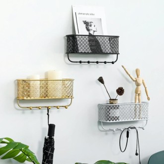 CK0457 Wrought Iron Wall Rack Clothes Key Hook Clothes Storage Wall Hanging Basket, Color: Black