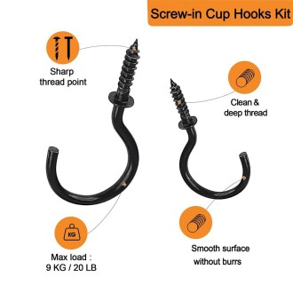 75pcs /Box Screw-in Ceiling Hook Set Home Storage Wall Cup Hook Lamp Hook(Black)