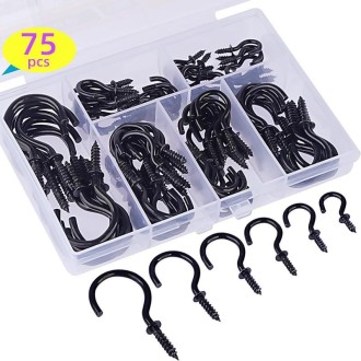 75pcs /Box Screw-in Ceiling Hook Set Home Storage Wall Cup Hook Lamp Hook(Black)