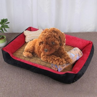 Dog Bone Pattern Big Soft Warm Kennel Pet Dog Cat Mat Blanket,with Rattan Mat & Blanket Size: XXS, 45×30×15cm (Black Red)