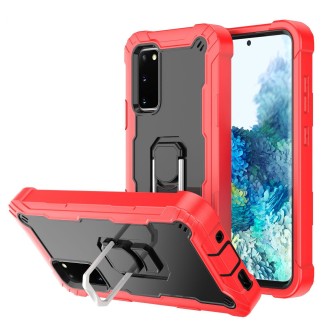 For Samsung Galaxy S20 FE / FE 5G PC + Rubber 3-layers Shockproof Protective Case with Rotating Holder(Red + Black)