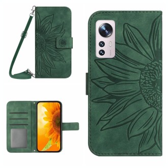 For Xiaomi 12 / 12X Skin Feel Sun Flower Pattern Flip Leather Phone Case with Lanyard(Green)