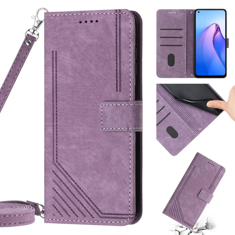 For OPPO Reno8 Pro / Reno8 Pro+ Skin Feel Stripe Pattern Leather Phone Case with Lanyard(Purple)