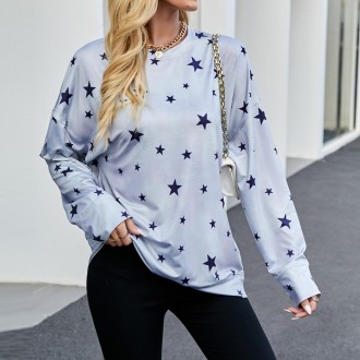 Women Star Print Long Sleeve Shirt (Color:Gray Size:XS)