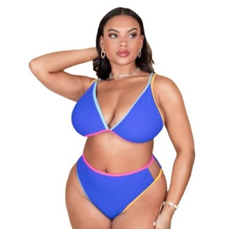 Sexy Solid Color Plus Size Triangle Split Bikini Swimsuit, Size:XXL(Blue)