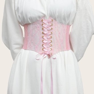 Extra-Wided Lace Decorative Dress shirt Stretch Elastic Tied Belt(Pink)