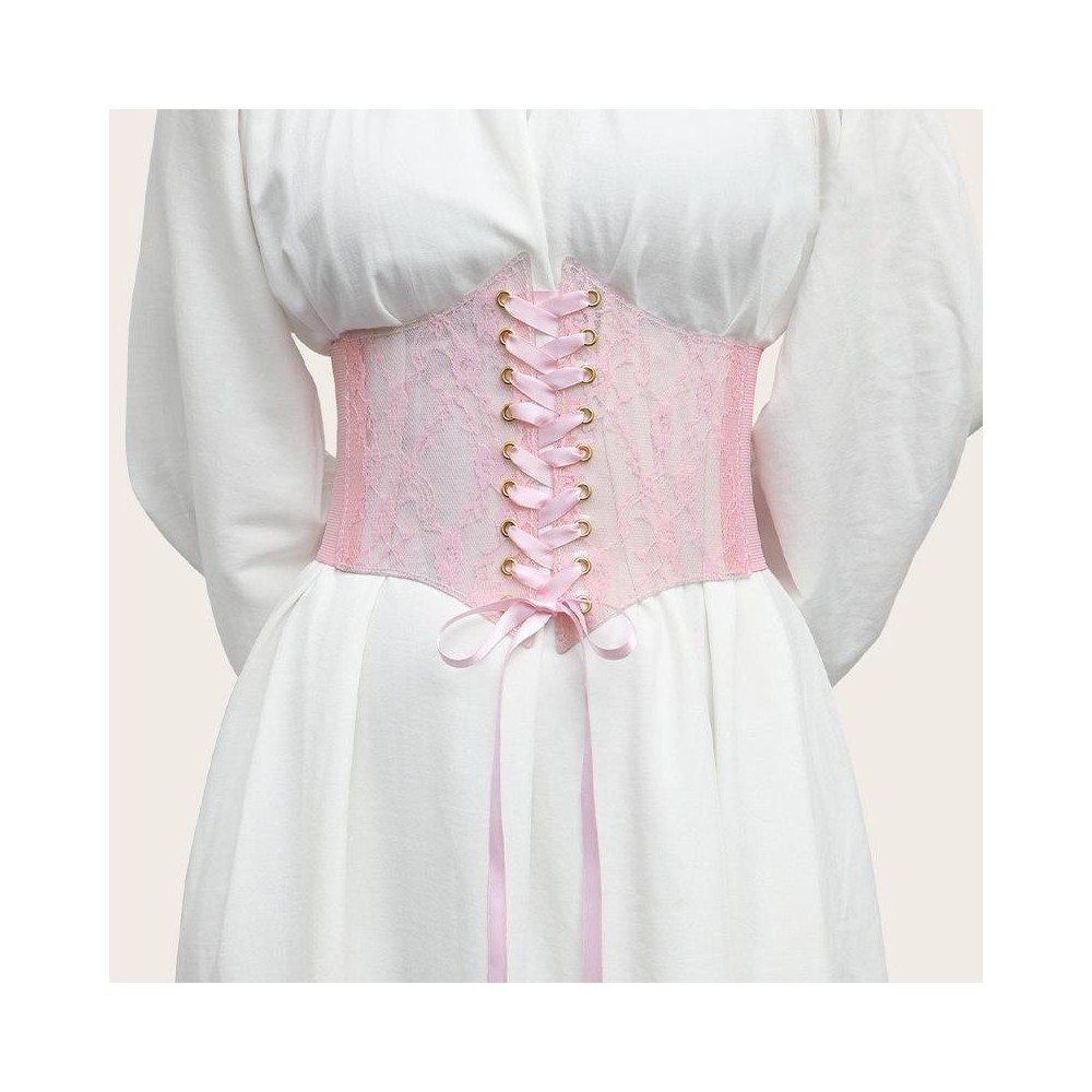 Extra-Wided Lace Decorative Dress shirt Stretch Elastic Tied Belt(Pink)