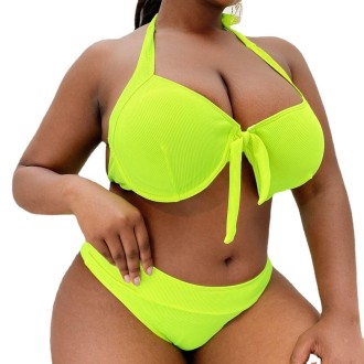 Sexy Plus Size High Waist Split Bikini Swimsuit, Size:XXL(Fluorescent Green)