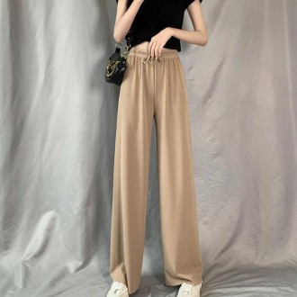 Summer Ice Silk Drooping Wide-Leg Pants High-Waisted Loose Straight Leg Lounge Pants, Size: XXL(Khaki)