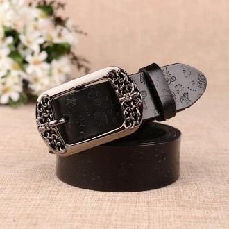 ZK--067 Retro Engraved Buckle Butterfly Print Pin Buckle Leather Belt, Length: 105cm(Black)