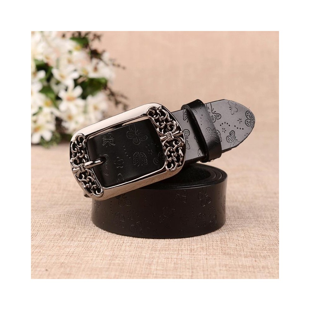 ZK--067 Retro Engraved Buckle Butterfly Print Pin Buckle Leather Belt, Length: 105cm(Black)