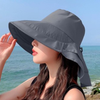 8062 Women Summer Neck Protection Sunscreen Hat Large Brim Fisherman Hat(Dark Gray)