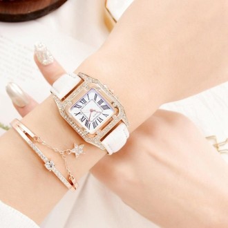 Women Tonneau Square Strap Quartz Watch, Color: White+Bracelet