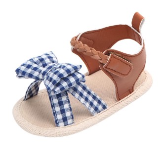 Bow Plaid Soft Weave Crib Anti-Slip Baby Girls Summer Shoes Anti-Slip Single Sandals, Size:12(Blue)