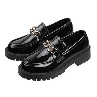 Slip-On Loafers Flat Preppy Style Women Leather Shoes, Size: 40(Black)