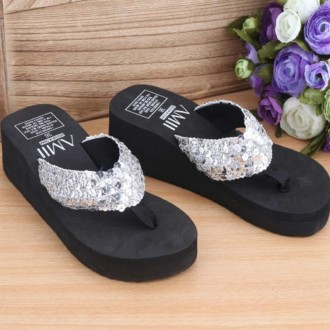 Sequin Slippers Wedge ith Flip Flops, Size:39(Sequin Silver)