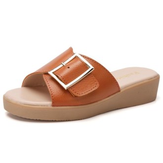 Casual Simple Non-slip Wear-resistant Square Buckle Beach Slippers Sandals for Women (Color:Orange Size:38)