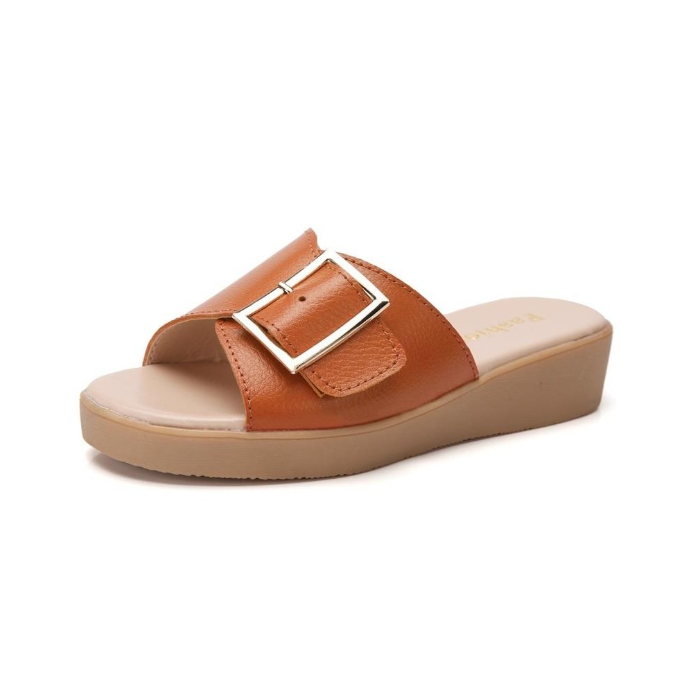 Casual Simple Non-slip Wear-resistant Square Buckle Beach Slippers Sandals for Women (Color:Orange Size:38)