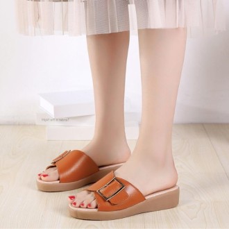 Casual Simple Non-slip Wear-resistant Square Buckle Beach Slippers Sandals for Women (Color:Orange Size:38)