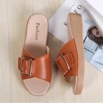 Casual Simple Non-slip Wear-resistant Square Buckle Beach Slippers Sandals for Women (Color:Orange Size:38)