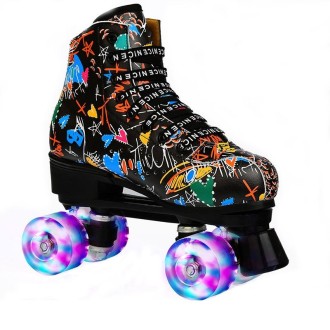 Adult Children Graffiti Roller Skates Shoes Double Row Four-Wheel Roller Skates Shoes, Size: 40(Flash Wheel Black)