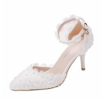 Women Shoes Lace Pearl Princess Pointed Shoes, Size:37(White 7.5 cm)