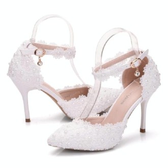 Women Shoes Lace Pearl Princess Pointed Shoes, Size:37(White 7.5 cm)