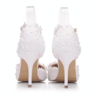 Women Shoes Lace Pearl Princess Pointed Shoes, Size:37(White 7.5 cm)