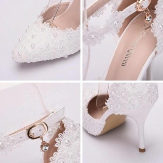 Women Shoes Lace Pearl Princess Pointed Shoes, Size:37(White 7.5 cm)