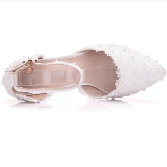 Women Shoes Lace Pearl Princess Pointed Shoes, Size:37(White 7.5 cm)