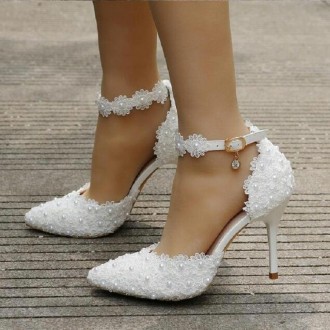 Women Shoes Lace Pearl Princess Pointed Shoes, Size:37(White 7.5 cm)