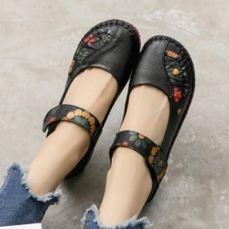 Flower Round Toe Soft Bottom Vintage Leather Flat Shoes, Szie:38(Black)