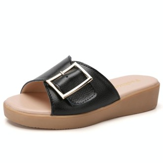 Casual Simple Non-slip Wear-resistant Square Buckle Beach Slippers Sandals for Women (Color:Black Size:39)